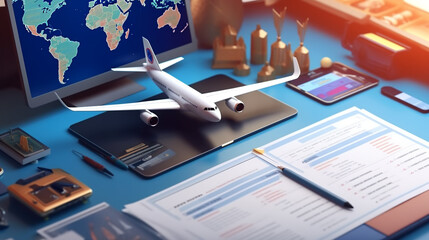 Poster - Multi exposure. Concept of international markets.  Financial chart drawing and table with computer on background  