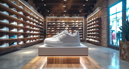 Poster - A modern, casual shoe store interior with a central shoe display stand showcasing a variety of stylish sneakers and casual shoes.