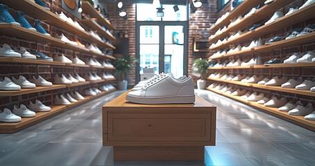 Poster - A modern, casual shoe store interior with a central shoe display stand showcasing a variety of stylish sneakers and casual shoes.