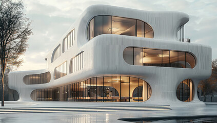 Poster - Square building design, Building with rounded corners, Modern architectural design, Open and inviting facade.