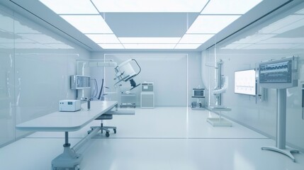Poster - A futuristic minimalist laboratory featuring a white canvas backdrop, Advanced equipment layout in a high-tech research facility, Tech minimalism style
