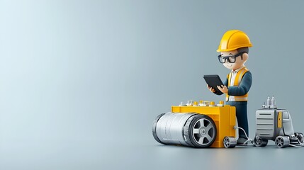 Aufkleber - 3D Automotive Engineer Holding an Electric Car Battery with Tiny Wheels Surrounding It Representing Innovation and Sustainable Transportation Technology