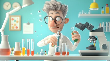 Poster - 3D Cartoon of a Chemical Engineer Mixing and Experimenting with Colorful Test Tubes on a Cartoon Laboratory Workbench or Desk  Concept of Scientific Research Chemical Analysis