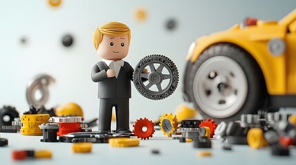 Poster - 3D Clay Automotive Engineer Holding Wheel with Scattered Car Parts Automotive Industry Product Design and Development Concept