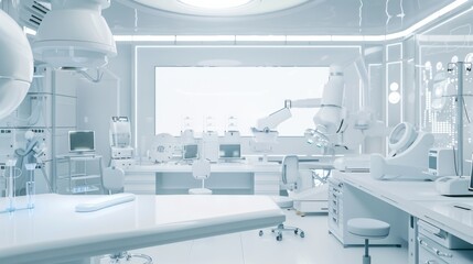Poster - A futuristic minimalist laboratory featuring a white canvas backdrop, Cutting-edge equipment arrangement in a high-tech research facility, Sci-fi minimalism style