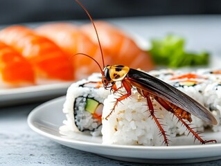 Cockroach Crawling on Sushi Plate with Fresh Fish and Rice