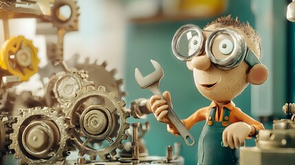 Leinwandbilder - 3D Clay Mechanical Engineer in Goggles Holding Wrench Near Gears and Industrial Machinery for Maintenance and Repairs