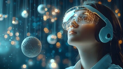 Poster - A 3D aerospace engineer closely examining a detailed planetary model suspended by wires conducting research and analysis on the gravitational forces and orbital patterns of the celestial body