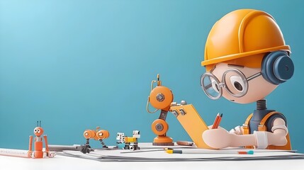 Aufkleber - A 3D clay of an industrial engineer designing production lines with cartoon robots  The image showcases the process of manufacturing automation and technological innovation in the industrial sector