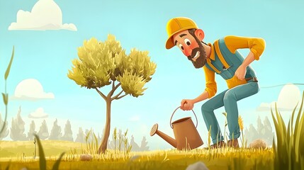 Aufkleber - A cheerful cartoon character an environmental engineer carefully planting young trees while using a clay watering can to nourish the seedlings and promote sustainable growth