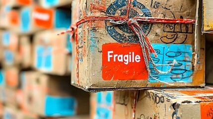 Fototapete - A Cardboard Parcel Box Prominently Labeled  Fragile  with Bright Red Stickers to Indicate Delicate Contents Requiring Careful Shipping and Handling