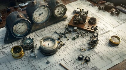 Poster - A cluttered workspace filled with various mechanical components gauges and tools scattered across a desk covered in engineering blueprints