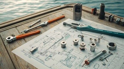 Poster - A collection of specialized tools and schematics used by a marine engineer including torque wrenches and other equipment captured at a dockside setting with a harbor or port in the background