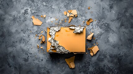 Poster - A damaged parcel box with torn and crumpled edges lying on a textured brown background representing the challenges and imperfections of shipping and delivery