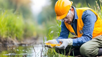 Poster - A European environmental engineer carefully collecting and testing water samples in a natural outdoor setting for research analysis and environmental assessment purposes