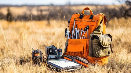 Poster - A field engineer s work bag with various tools spilling out alongside survey equipment and instruments on a construction or industrial worksite suggesting ongoing maintenance inspection