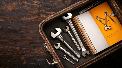 Poster - A well organized toolbox filled with various wrenches ratchets and engineering notebooks showcasing the essential tools and resources for mechanical industrial or DIY projects