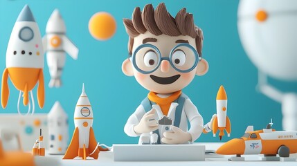 Poster - Aerospace engineer surrounded by 3D clay models of rockets and satellites in a creative studio setting