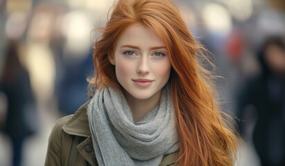 A beautiful woman with long, red hair, wearing an olive jacket and scarf, stands on the bustling streets