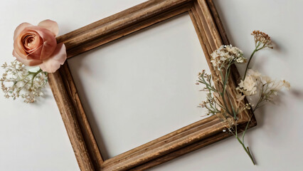 The blank wooden frame features flowers and green plants for decoration.