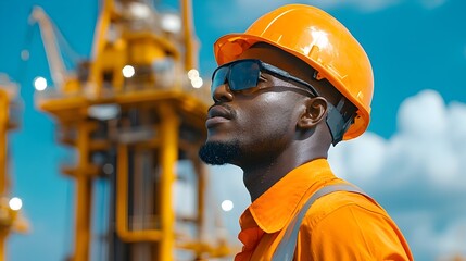 Poster - African petroleum engineer inspecting and monitoring offshore oil and gas production platforms rigs and associated infrastructure to ensure efficient safe and environmentally sustainable