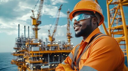 Aufkleber - African Petroleum Engineer Inspecting Offshore Oil Production Platforms for Safety and Maintenance Procedures