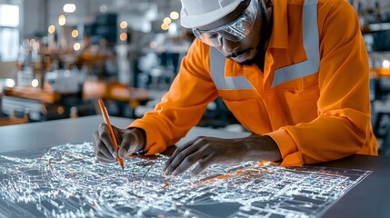 Leinwandbilder - African Transportation Engineer Strategizing Urban Transit Routes and Infrastructure on Detailed City Map Layout for Efficient Mobility and Connectivity