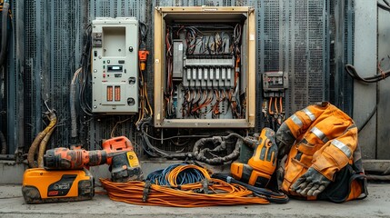 Leinwandbilder - An assortment of power tools and electrical cables neatly arranged next to an open electrical panel showcasing the essential equipment and components required for electrical work maintenance