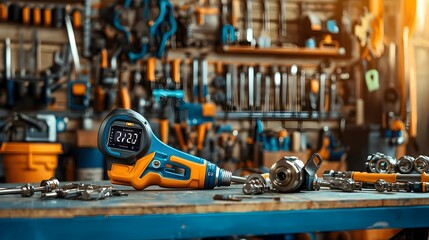 Poster - An assortment of various mechanical tools including a digital torque wrench displayed on a workshop table showcasing the essential equipment used in industrial and repair settings