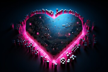 Poster - A vibrant heart shape illuminated with neon lights featuring a circuit board design at night