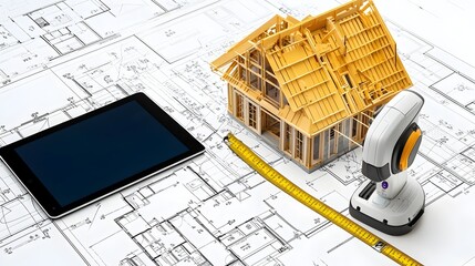 Poster - Architectural plans and blueprints laid out alongside a digital tablet and laser measuring device on a clean organized workspace  Concept of modern design