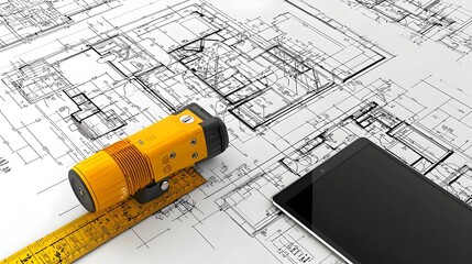 Poster - Architectural plans laid out on a table alongside a digital tablet and laser measuring device showcasing the of traditional design and modern technology in the engineering workspace