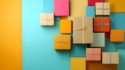 Aufkleber - arranged parcel boxes in various colors and patterns set against a vibrant and eye catching background creating a visually appealing concept for online advertisement e commerce and product promotion