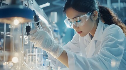 Poster - Asian Chemical Engineer Wearing Protective Gear Performing Safety Procedures in a Sterile Laboratory Environment for Scientific Research and Experimentation