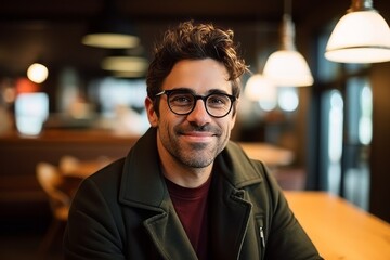 Wall Mural - Portrait of a handsome young man with glasses in a coffee shop