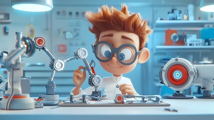 Poster - Cartoon 3D mechanical engineer designing and assembling robotic arms in an automated industrial factory setting  Futuristic mechanical engineering concept with machinery technology and innovation
