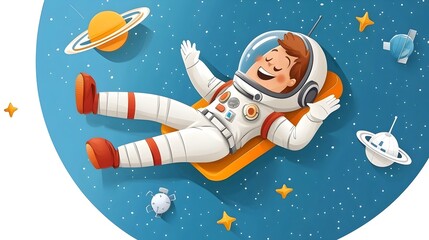 Poster - Cartoon Aerospace Engineer Floating in Zero Gravity with Cartoon Satellites Nearby Conceptual of Futuristic Space Technology and