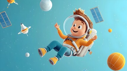 Poster - Cartoon Aerospace Engineer Floating in Zero Gravity Surrounded by Cartoon Satellites Exploring Futuristic Space Technology and Innovations