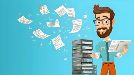 Aufkleber - Cartoon data engineer working with stacks of servers and flying data sheets organizing and analyzing technology systems and digital processes for improved efficiency and productivity