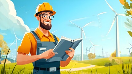 Leinwandbilder - Cartoon Environmental Engineer Inspecting Sustainable Energy Field with Wind Turbines in the Background