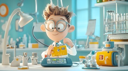 Poster - Cartoon Biomedical Engineer Carefully Crafting a Cute Clay Medical Device While Working in a Sophisticated Laboratory Setting with Scientific Equipment and Glassware