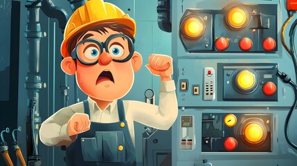 Poster - Cartoon industrial engineer operating a cartoon factory machine with flashing buttons  of a worker controlling industrial machinery in a manufacturing setting