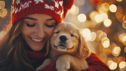 Wall Mural - A woman is holding a small dog in her arms