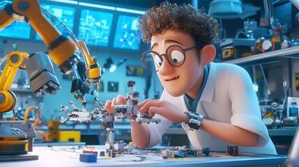 Leinwandbilder - Cartoon of a mechanical engineer assembling and constructing robotic arms in an industrial factory setting  The scene depicts the process of automated manufacturing and production