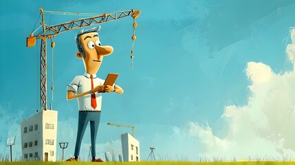 Aufkleber - Cartoon of a structural engineer designing and constructing a modern skyscraper using clay beams and cranes as part of an innovative construction project