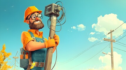 Aufkleber - Cartoon of a telecommunications engineer installing fiber optic cables on a clay pole to expand rural broadband internet infrastructure and connectivity