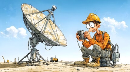 Poster - Cartoon Telecommunications Engineer Configuring and Installing Satellite Dish for Wireless Communication and Connectivity