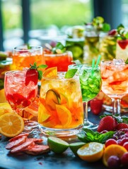 Aufkleber - Brightly colored cocktails are beautifully arranged on a table adorned with snacks and fruit slices, celebrating a joyful summer gathering. Generative AI