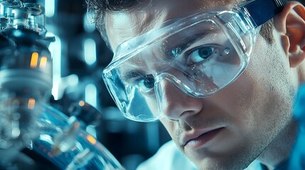 Leinwandbilder - Caucasian chemical engineer wearing protective goggles monitoring chemical tanks in an industrial facility or laboratory setting