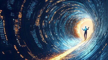 Poster - Clay Data Engineer Surrounded by Glowing Data Streams Flowing in Tubes   Innovative Technology Data Science and Digital Transformation Concept